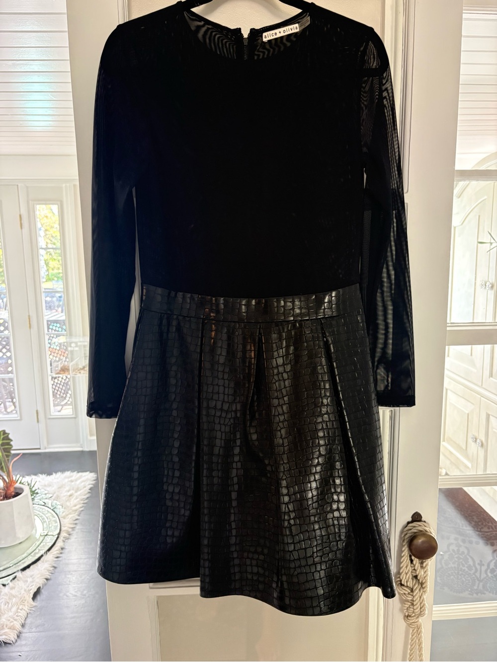 Alice + Olivia Black mesh & Faux-Leather Croc Mini Dress